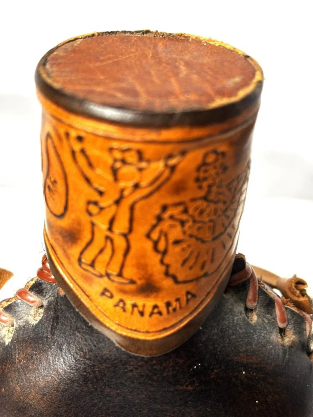 VTG Panama Leather Wrapped Glass Bottle Hand Tooled Souvenir Flask Decor